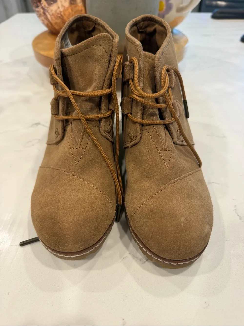 Toms Suede Lace-Up Wedge Booties in Brown